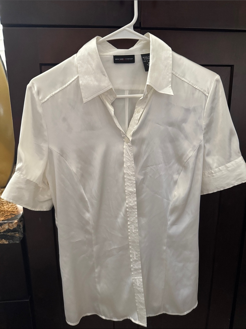 New York & Company White Short-Sleeve Button-Down Satin like shirt